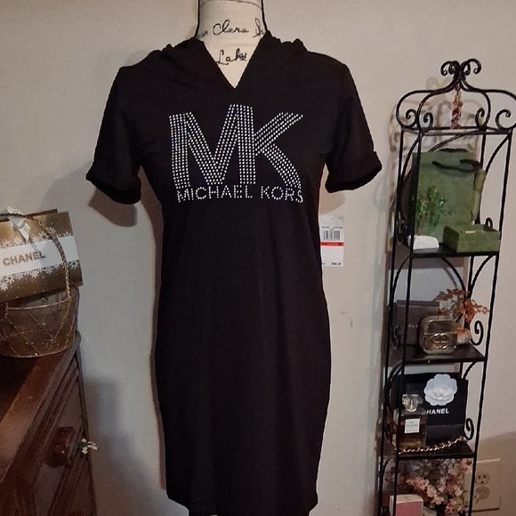 NWT Michael Kors Black Rhinestone Logo Hooded  Dress Size XS - Picture 1 of 8